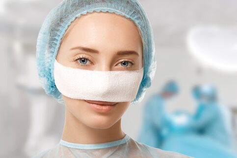 Bandage attached to the nose during rehabilitation after rhinoplasty